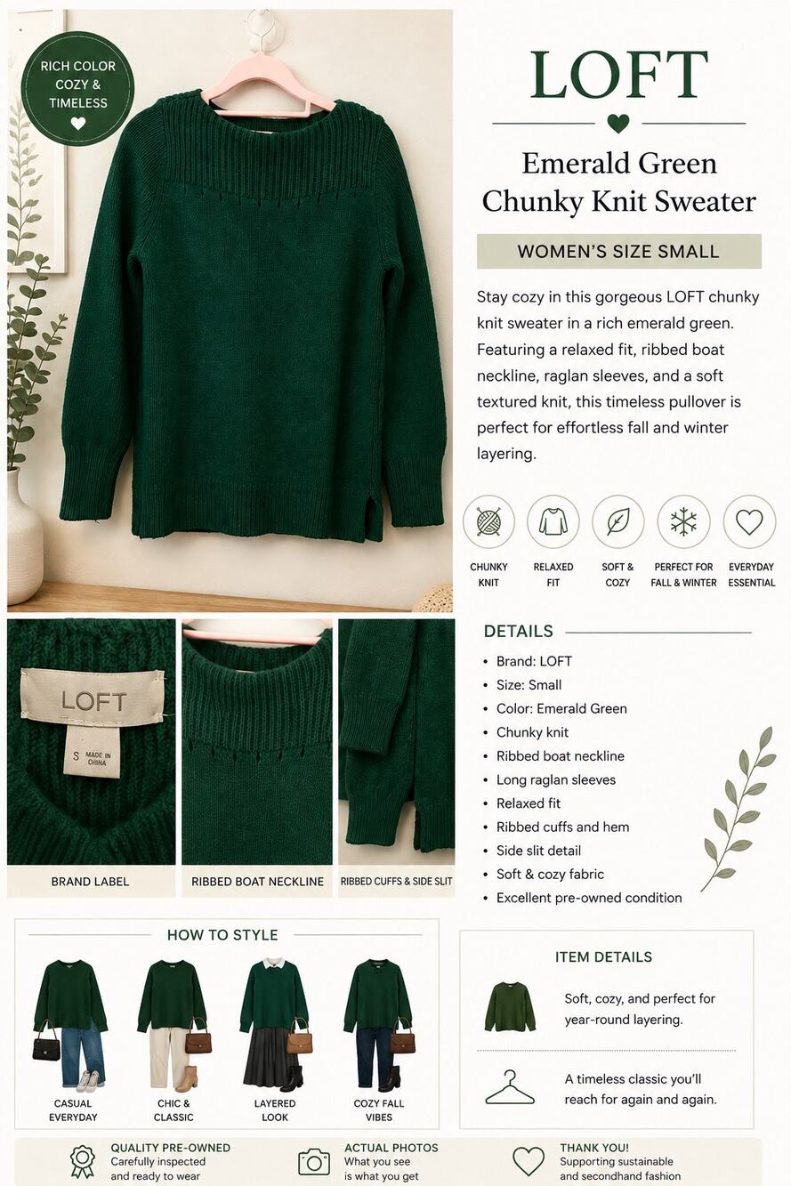 LOFT Emerald Green Chunky Knit Sweater Women’s Small Cozy Fall Pullover